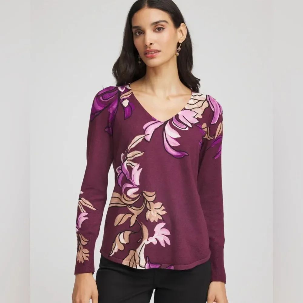 Chico's Ella V-Neck Artisanal Light Pink Purple Cream V-Neck Sweater long Sleeve